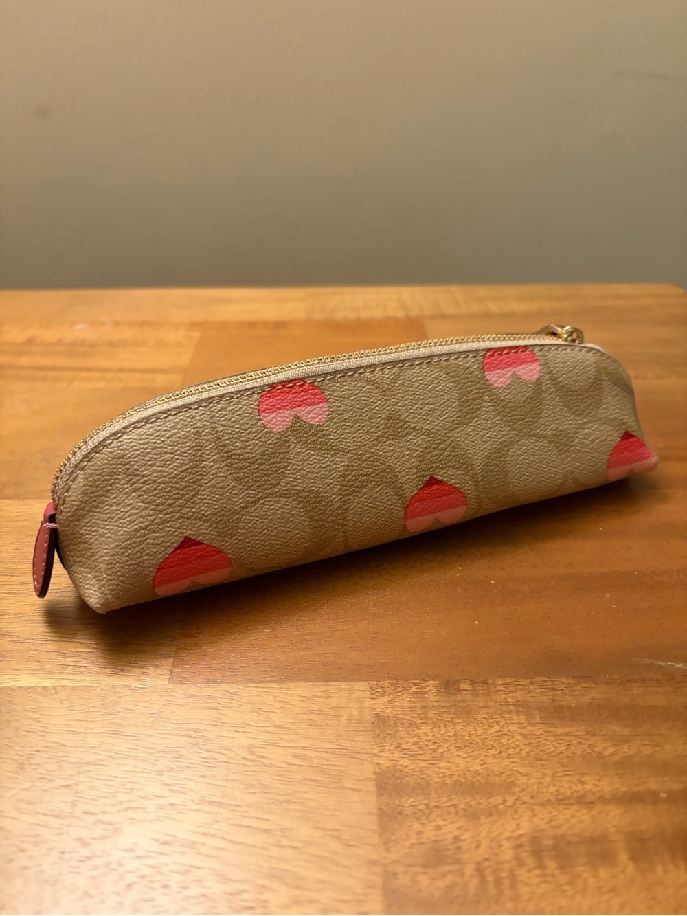Coach Beige Signature Canvas Case with Pink and Coral Heart Accents